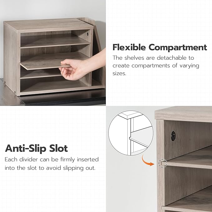 HOOBRO Mail Sorter, Literature Organizer with Adjustable Shelves, Paper Organizer for Office, Home, Wood Countertop Mail Sorter, File Holders, Magazines, Greige BG41WF01N1