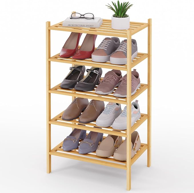 Smiry Small Bamboo Shoe Rack 5-Tier, Stackable Wooden Shoe Organizer for Entryway & Closet, Free Standing Wood Shoe Storage Shelf for Front Door & Small Spaces, Natural