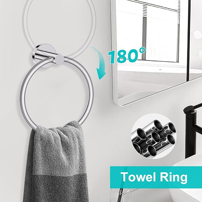 5 Pieces Polished Chrome Round Towel Bar Set Bathroom Hardware Accessories Set Upgraded Toilet Paper Holder Towel Racks Set for Bathroom Stainless Steel Wall Mounted 23.6 in
