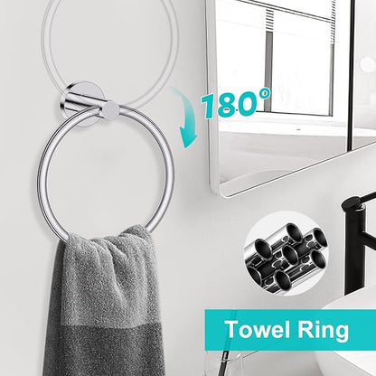 5 Pieces Polished Chrome Round Towel Bar Set Bathroom Hardware Accessories Set Upgraded Toilet Paper Holder Towel Racks Set for Bathroom Stainless Steel Wall Mounted 23.6 in