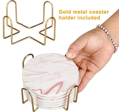 Cute Pink Marble Coasters Set of 6 Pack Stone Coffee Table Decor Absorbent Ceramic Cup Coaster with Holder Decorative Tea Bar Accessories Gift Kitchen Desk Coster Drink Modern Funny Aesthetic Coasters