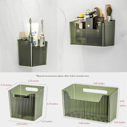 Set Of 2 Storage Organizer Bins Wall Mounted Shower Caddy, Bathroom shelves Stackable Clear Plastic Toothbrush Holder Adhesive Hanging Bin for Bathroom, Kitchen, Cabinet, Shower BPA Free Small (Clear)
