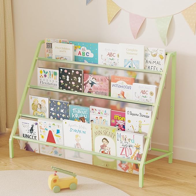 High-Transparent 4 Tier Kids Bookshelf, Sturdy Metal Large Size Book Rack Storage for Kid - Toddler Book Shelf Display for Nurasery, Playroom or Kids Room, Bookshelf Hold More Books - Green