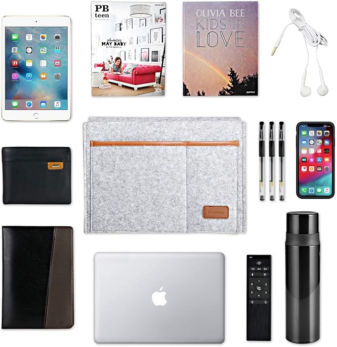 WantuSee Bedside Caddy, Felt Bed Storage Organizer Hanging Bag Holder with 5 Pockets, Magazine Book Phone Tablet iPad Cables Remote and Water Bottle Holder for Home Dorm Bed Sofa, Light Gray