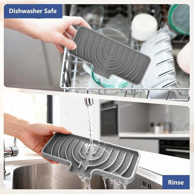 Silicone Sponge Holder for Kitchen Sink With Drain Spout, Self Draining, Kitchen Soap Tray, Bathroom Organizer, Sink Caddy, Perfect for Dispenser, Scrubber, Bottle, Cup on Counter-10"×4" (Grey)