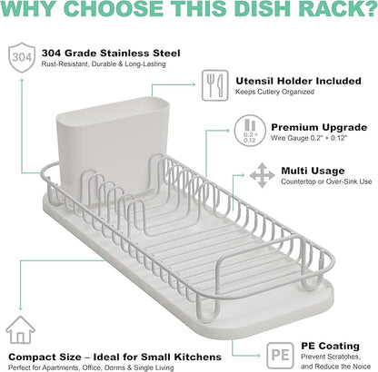 SunnyPoint 304 Stainless Steel NeverRust Compact Dish Drying Rack with Utensil Holder & Removable Drain Tray, Rustproof Small Dish Rack for Kitchen Countertop or Over Sink – White