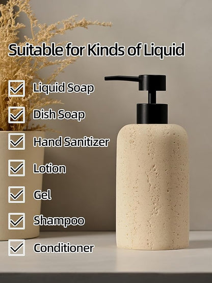 Haocoott Soap Dispensers 340ML 11OZ, 2PCS Luxurious Hand Dish Shampoo Lotion Soap Dispenser Jar, Travertine Soap Pump Bottles for Kitchen Bathroom Countertop (Faint Yellow)
