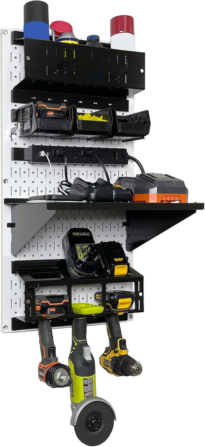 Wall Control Power Tool Storage Organizer Kit Cordless Drill Holder Charging Station Rack 16” x 32” Metal Pegboard Organization System (White Pegboard)