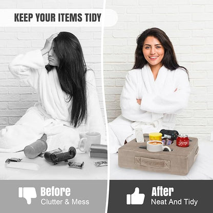 STBoo Couch Cup Holder Pillow Tray - Sofa Drink Cup Holder Cozy Buddy | Bed Caddy Organizer for Remote, Snacks Beverage, Phones, Tablet | Use it on Car, Pack, Beach, RV, Boat, Bedroom (Light Brown)