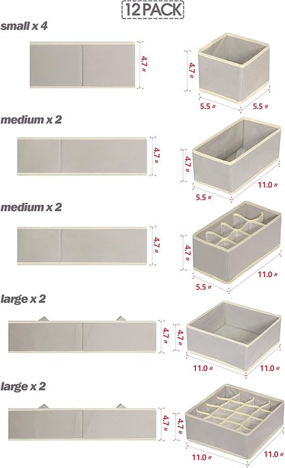 12 Pack Foldable Drawer Organizer Dividers Cloth Storage Box Closet Dresser Organizer Cube Fabric Containers Basket Bins for Underwear Bras Socks Panties Lingeries Nursery Baby Clothes Gray