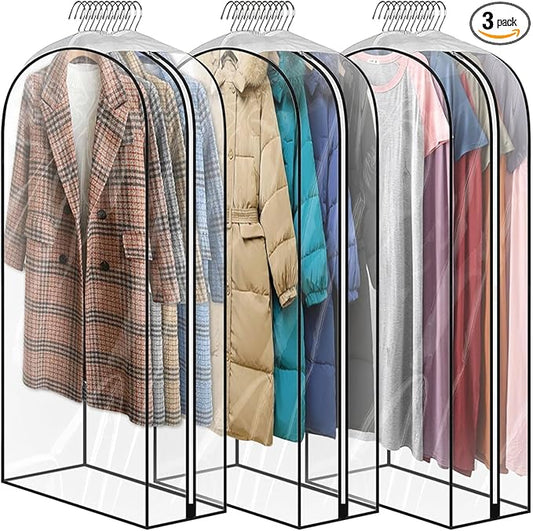 40" Clear Clothes Hangers with Smooth Side Zipper, 10" Gusseted Waterproof Garment Bags for Shirts, Coats, Dresses, Suits, 3 Pack