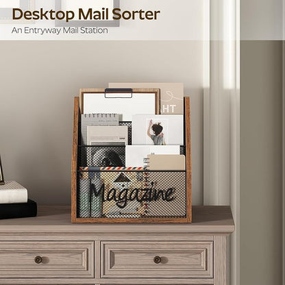 Magazine Holder, Wood Magazine Rack Floor, Mail Organizer Countertop, Magazine Mail Holder Sorter, Record Holder for Magazines, Books, Newspapers, Tablets, Rustic Brown and Black MR02BR