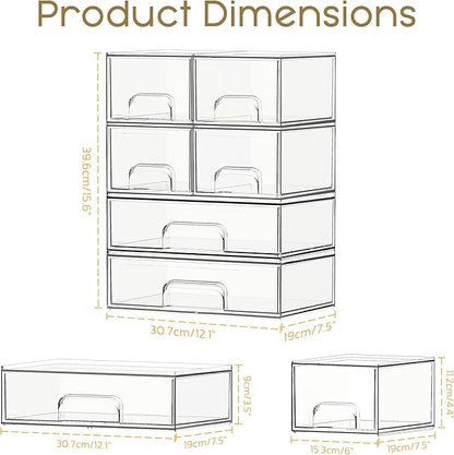 Criusia Stackable Storage Drawers, 6 Pack Clear Plastic Makeup & Bathroom Organizer, Versatile Storage Bins for Vanity, Under Sink, Kitchen Cabinets & Pantry
