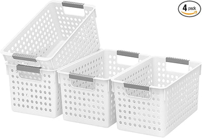 Soddeph 4 Pack Plastic Storage Basket with Handles, Small Deep Organizer Bin with Hollow Design for Under Counter, Shelf, Closet, Kitchen or Bathroom (White, Small)