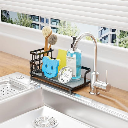 Consumest Sponge Holder for Kitchen Sink - Sink Caddy Organizer with Water Absorbing Stone Tray, Detachable Brush Holder, Stainless Steel Kitchen Counter Organizer Rack, Black