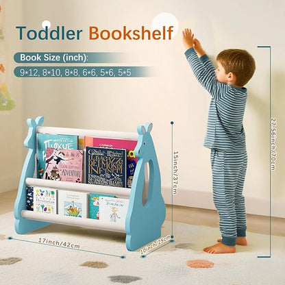Double Sided Kids Bookshelf – 2 Tier Portable Toddler Bookshelf, Book Shelf for Kids Rooms & Playroom, Cute Kangaroo Design Wooden Montessori Baby Bookshelf,Toddler Book Display Shelves,Blue