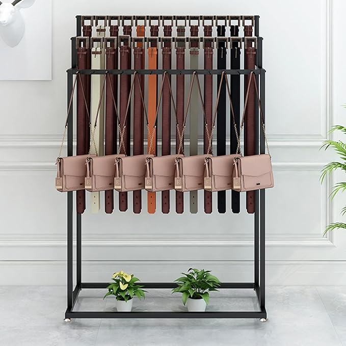 Floor Mounted Belt Hanger, Metal Men Closet Display Stand Organizer, Ties Scarf Rack Shawls Purse Shelf for Clothing Retail Bedroom (Color : Black, Size : 80X40X150CM)