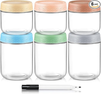 DRKIO 10 & 16 Oz Overnight Oats Containers with Lids - 6 Pack Glass Storage Jars with Airtight Lids Wide Mouth Mason Food Jars Great for Meal Prep Salad Chia Puddirg Snacks Yogurt Sugar Spice Cereal