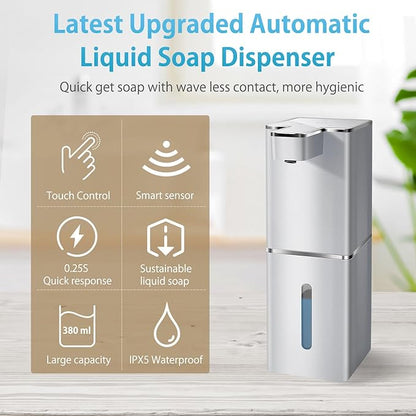 JEMISUN Automatic Liquid Soap Dispenser Touchless Soap Dispenser 380ml/12.8oz Rechargeable, Wall Mounted,4 Levels Adjustable Auto Soap Pump for Bathroom Kitchen Dish Soap