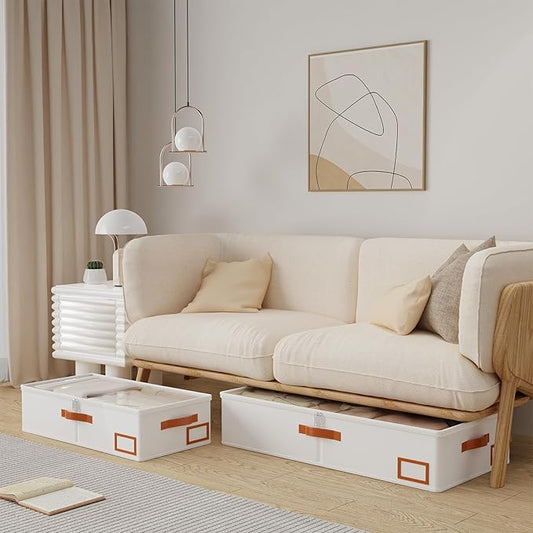 Yawinhe Under Bed Storage Containers, 2 Pack, Bin with Lids, Collapsible Closet Organizers, with Sorting Card Slot and 4 Leather Handles, for Blanket, Bedding, 31.5''Lx15.7''Wx6''H, Beige