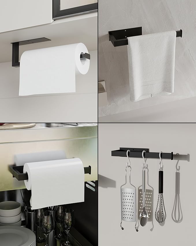Paper Towel Holder, Black Paper Towel Holder Under Cabinet Wall Mount or Self Adhesive Paper Towel Bar, Hanging Paper Towel Rack for Kitchen and Bathroom, SUS304 Stainless Steel