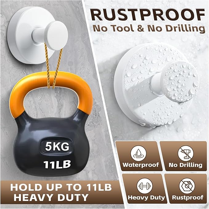 Supopular Reusable Heavy Duty Suction Cup Hooks for Kitchen/Bathroom/Shower - Wet-Proof Hooks for Towels, Robes, Loofah&Wreaths/No Drill Mounting on Glass, Tile, Metal (4, White)
