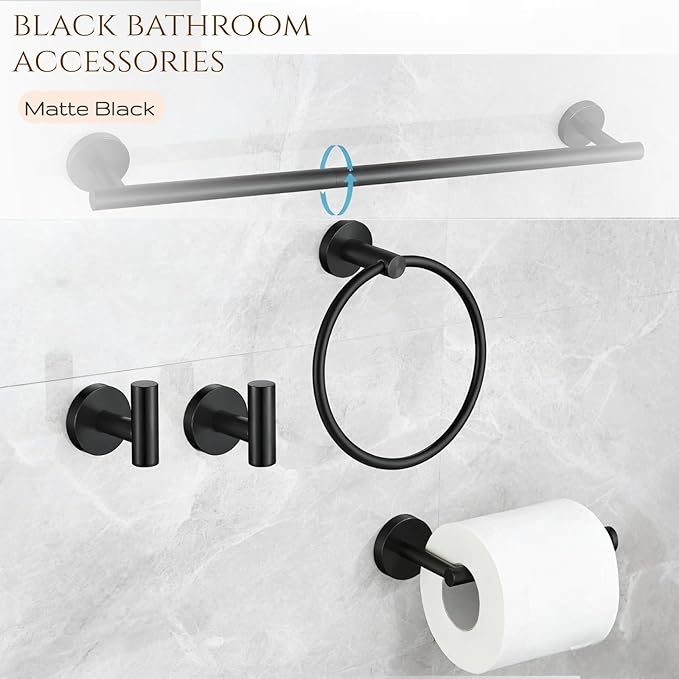 5Pcs Matte Black Bathroom Hardware Towel Bar Accessories Set 23.6 Inch SUS304 Stainless Steel Bath Towel Racks with Toilet Paper Holder Shelf for Bathroom Kitchen Wall Mounted, Middle Removable