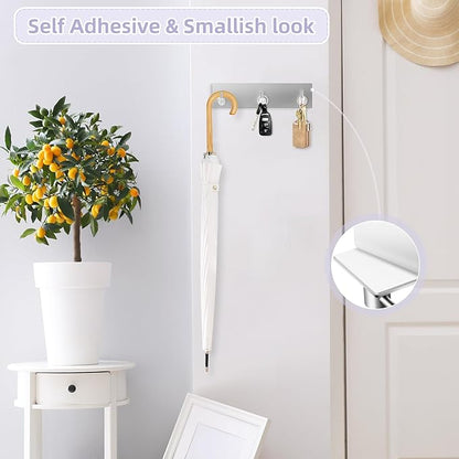 VIS'V Key Holder Wall Mount, Small Metal Self Adhesive Key Hanger with 3 Hooks, No Drilling, Extra Adhesive Strip, Silver