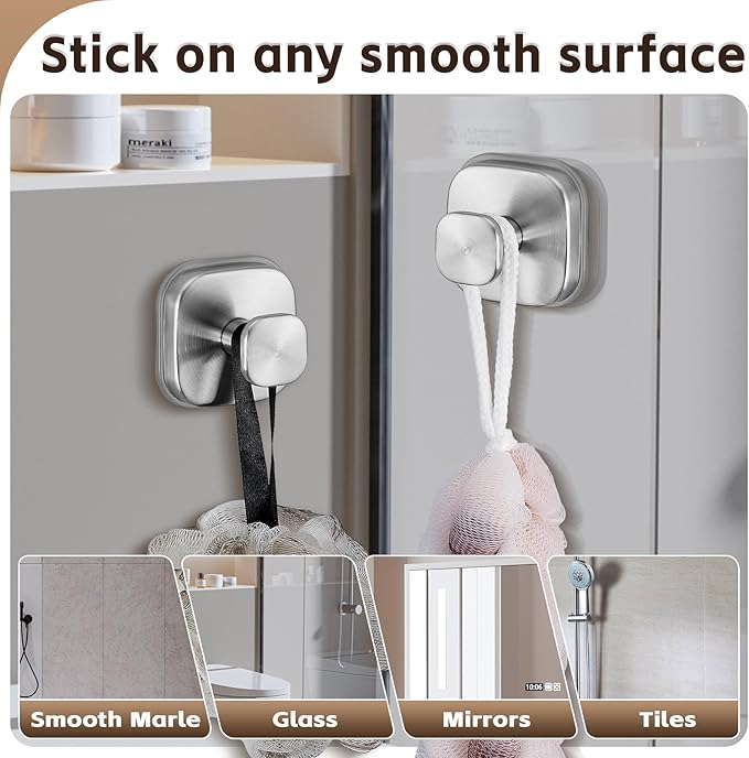Supopular Heavy Duty Reusable Suction Cup Hooks for Kitchen/Bathroom/Shower - Wet-Proof Hooks for Towels, Robes, Loofah&Wreaths/No Drill Mounting on Glass, Tile, Metal (2, Brushed Nickel)