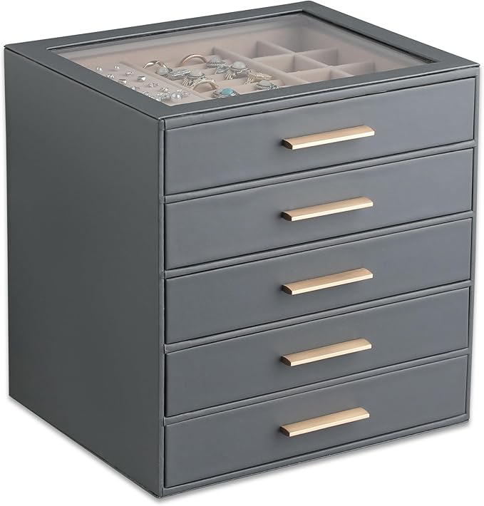 Frebeauty Clear Lid Jewelry Box,5-Layer Jewelry Organizer with Drawer,PU Leather Jewelry Organizers and Storage,Jewelry Boxes for Women,Jewelry Storage for Rings Earring Stud,Gift for Women(Grey)