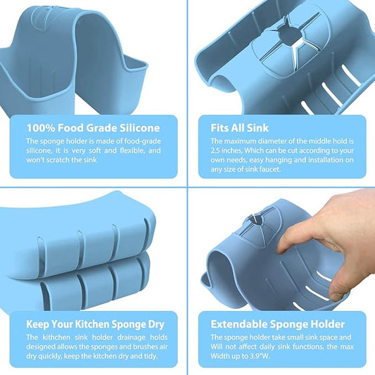 VPASION Sponge Holder for Kitchen Sink, Silicone Sink Saddle Caddy Organizer Rack, Sponges Holder Over Faucet, Hanging Kitchen Organizer Accessories Rack Basket Light Blue
