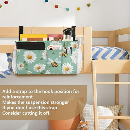 CuwrYet Bedside Caddy Hanging Bunk Bed Caddy Bed Organizer Hanging Pocket with 2 Hooks Bedside Storage Organizer Pocket Bag Holder Mint Green Daisy Flowers and Bees