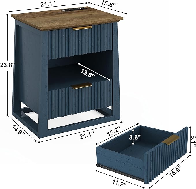 HIFYOBRO Fluted Nightstands with Charging Station & Motion Sensor Light, Modern Bedside Tables with 2 Drawers and Storage Shelf for Bedroom,Blue