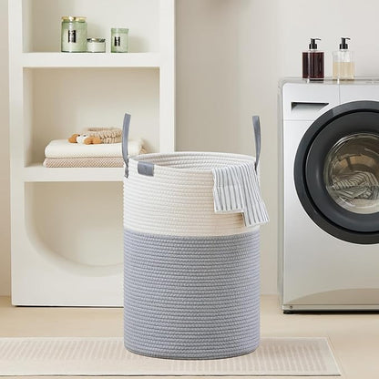 VIPOSCO Tall Laundry Basket, Large Dirty Clothes Hamper with Leather Handle, Woven Rope Storage Basket for Blanket, Toy In Living Room, Bathroom, Bedroom - 100L Grey & White