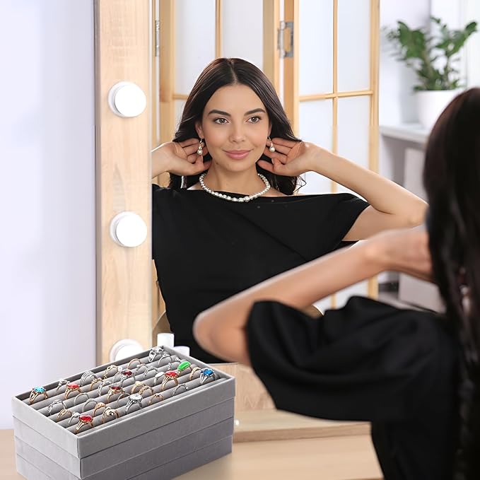 Landical 16 Pcs Stackable Jewelry Organizer for Drawer Velvet Jewelry Tray with Dividers Earring Holder & Ring Display Box Fits 8.4 x 5 x 1 Drawer Necklace Storage for Women, Girls,16 Styles (Grey)