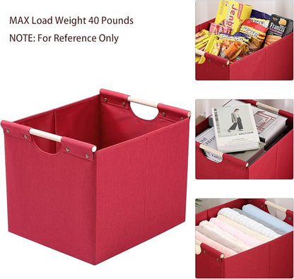 HOONEX Large Collapsible Storage Bins, Linen Fabric, Pack of 2, Storage Baskets with Wooden Carry Handles and Sturdy Heavy Cardboard, for Home, Office, Car, Nursery, Red
