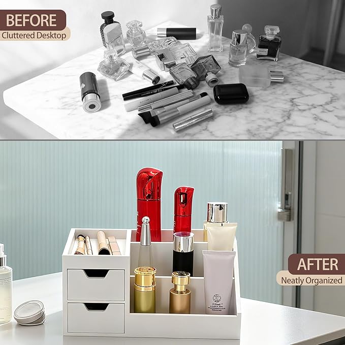 UUyuality Countertop Perfume & Makeup Organizer - Wooden Rack, Cologne Stand Shelves & Skincare Organizer for Bedroom Dresser, Organizador de Perfumes Estante para Perfumes (Middle, 01) (White, 01)