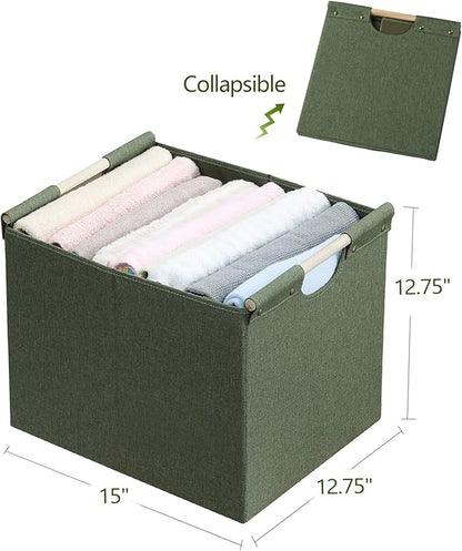 HOONEX Large Collapsible Storage Bins, Linen Fabric, Pack of 2, Storage Baskets with Wooden Carry Handles and Sturdy Heavy Cardboard, for Home, Office, Car, Nursery, Olive