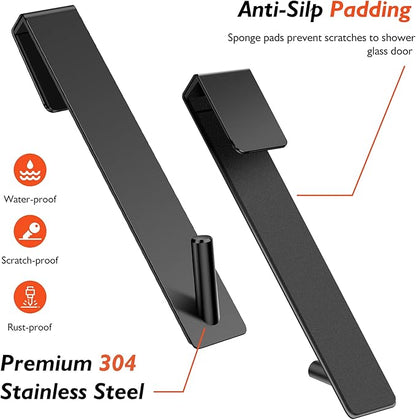 Kontoyo Shower Door Hooks(7.5 Inch),Extended Over Door Hooks for Bathroom Frameless Glass Shower Door,Stainless Steel Towel Hooks,Heavy Duty Rack Hooks for Robe,Towel-2 Pack-Black