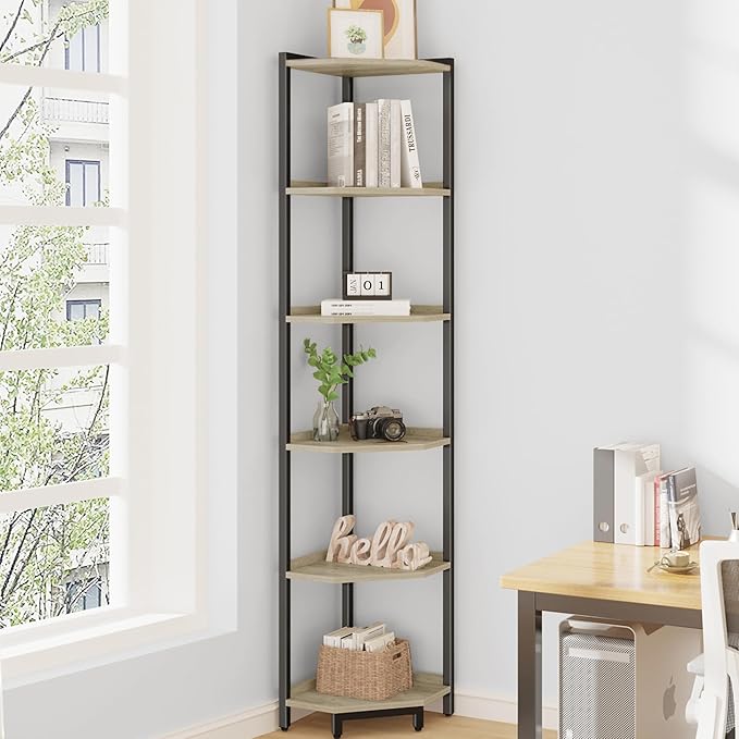 Corner Shelf Stand, Corner Bookshelf, Storage Standing Shelf Unit with Metal Frame, Plant Stand, Corner Bookcase for Living Room, Home Office, Bedroom, 6-Tier Greige CS06005B