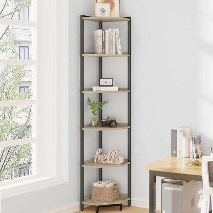 Corner Shelf Stand, Corner Bookshelf, Storage Standing Shelf Unit with Metal Frame, Plant Stand, Corner Bookcase for Living Room, Home Office, Bedroom, 6-Tier Greige CS06005B