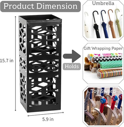 ZENFUN Metal Umbrella Holder Stand for Entryway, Square Umbrella Organizer, Walking Sticks Storage Bin Freestanding for Home, Office, Hotel, Black, 5.9 x 5.9 x 15.7 Inches