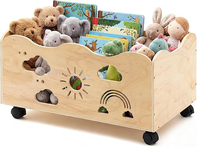 Toy Box for Kids 24" x 14.4" x 10.4" Toy Chest for Girls Boy Wooden Storage Trunk Mobile Wood Bookshelf with Rainbow Pattern for Kids Rooms, Closet, Classroom, Bedroom, Nursery
