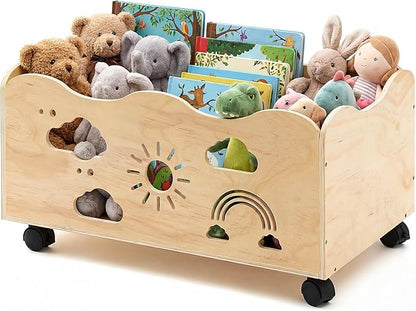 Toy Box for Kids 24" x 14.4" x 10.4" Toy Chest for Girls Boy Wooden Storage Trunk Mobile Wood Bookshelf with Rainbow Pattern for Kids Rooms, Closet, Classroom, Bedroom, Nursery