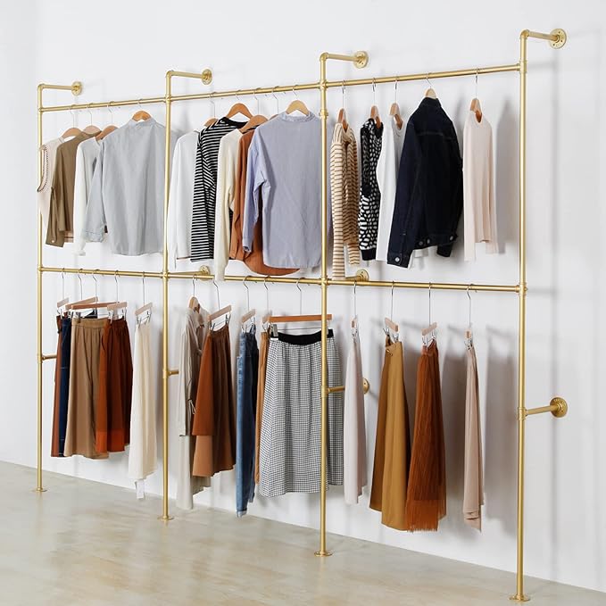 Wall Mounted Industrial Pipe Clothing Garment Racks, Metal Clothing Store Display Stands Clothes Rack Multi-purpose Heavy Duty Hanging Rod for Closet Storage, 134in Gold
