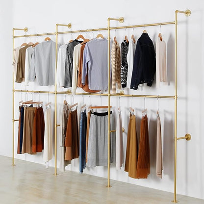 Wall Mounted Industrial Pipe Clothing Garment Racks, Metal Clothing Store Display Stands Clothes Rack Multi-purpose Heavy Duty Hanging Rod for Closet Storage, 134in Gold