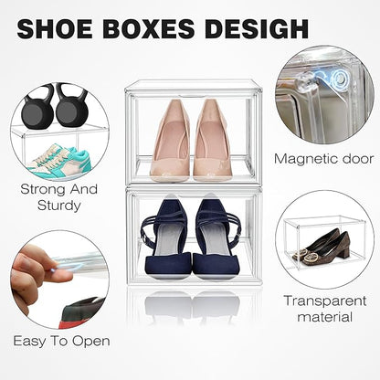 EDS FAM 1 Pack Drop Front Acrylic Shoe Boxes with Magnetic Door Size 12, Clear Stackable Shoe Organizers Sneaker Display Cases for Closet, Entryway, Underbed, Multiple Display Cases for Caps, Figures