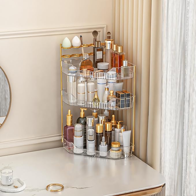 ZZWILLB Corner Bathroom Counter Organizer with Makeup Brush Holder & Toothbrush Holders, Makeup Organizer for Vanity Countertop, Acrylic Skincare Storage Shelf (Clear, 3-Tier)