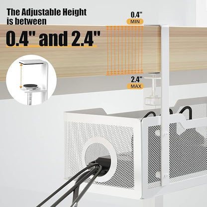 2 Pack Under Desk Cable Management Box White, Cinati 26.8" Wire Organizers No Drill, Cord Organization Tray with Clamp for Office, Home - No Damage to Desk
