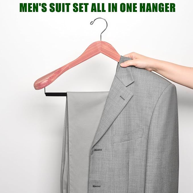 Amber Home 10 Pack American Red Cedar Wood Coat, Suit Hangers with Extra Wide Shoulder, Wooden Jacket Clothes Hanger Smooth Deluxe Aromatic Natural Cedar with Non Slip Velvet Pant Bar